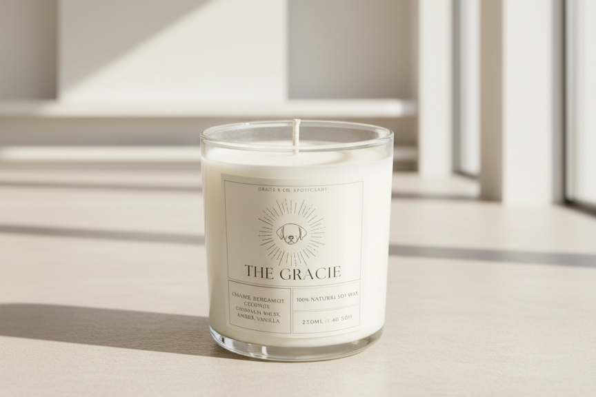 Candle labeled 'The Gracie' on a surface with a neutral background